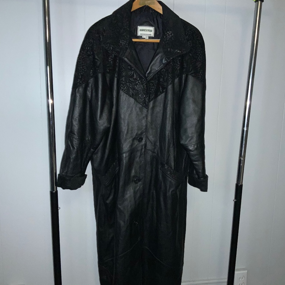 Vintage Fitz Wright 80s Womens Black Leather Trench Coat Suede Accents Duster 1X